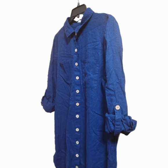 Blue Button-Up Linen Blend Shirt Dress - Picture 4 of 6